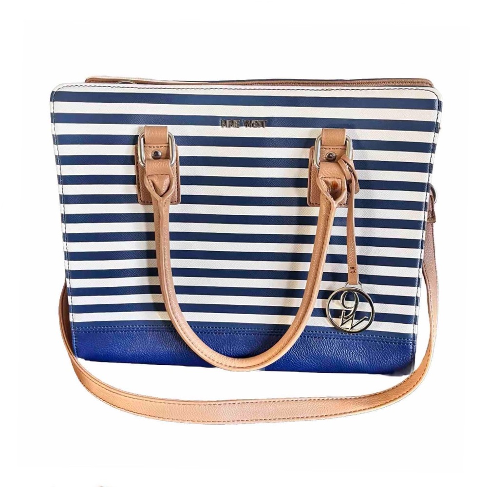 NINE WEST Striped Nautical Handbag Tote Purse Bag Blue/White w/Strap Classic